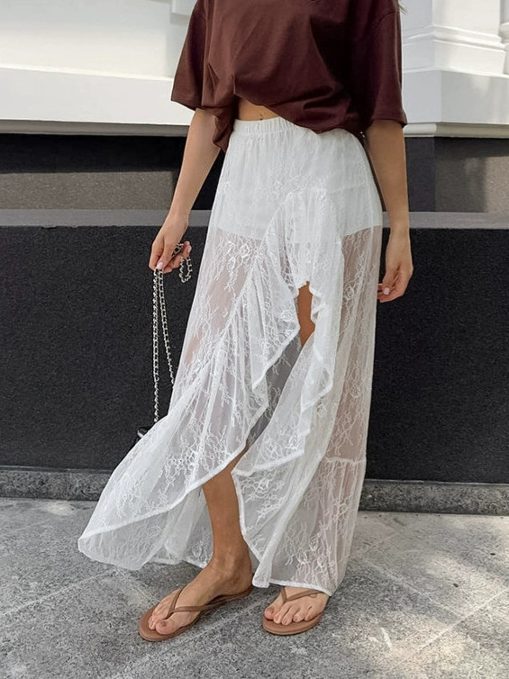 Forever 21 Lace Sheer Ruffle Hem Asymmetrical Slit Skirt